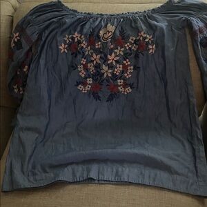 Free People Navy Floral Embroidered Blouse